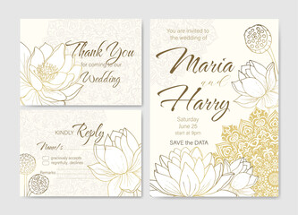 Luxury set of wedding cards with lotuses and mandala. Gold pattern with mandala for floral wedding invitation, thank you, rsvp card.