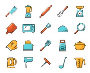 Kitchen utensil and kitchenware line icons. Countertop blender, rolling pin and kitchen ax, cutting board, microwave and bottle opener, tray, pan and baking glove, toaster, grater and kettle, mixer