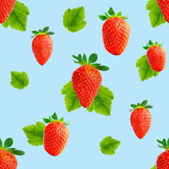 Fresh strawberry seamless pattern. Ripe strawberries isolated on blue. Package design background. Falling strawberry selective focus.