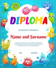 Kids diploma cartoon funny viruses, microbes, bacteria or pathogens. Vector certificate with cute germs characters with funny faces. Hygiene, medicine and health award frame template