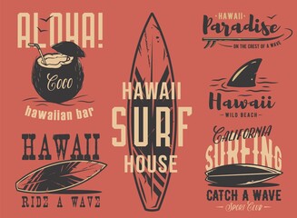 Surfboard for hawaii surf, shark surfing paradise, coconut aloha coctail emblems set - obrazy, fototapety, plakaty