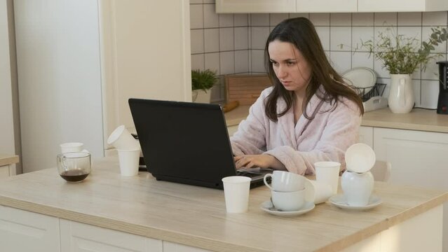 Tired Female Freelancer Overwhelmed with Job, Using Laptop All Night Long. Suffering from Headache. Working Overtime, Remote Work and Freelancer Lifestyle Concept