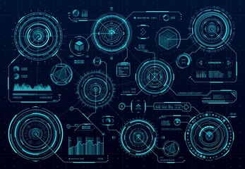 HUD futuristic circular panels, Sci Fi web interface and business infographics visual data, . HUD technology vector graphs and UI screen digital elements, chart diagrams on virtual dashboard controls © Vector Tradition