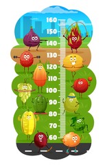 Kids height chart with cartoon fruits characters on fitness. Child growth meter ruler with dragon fruit, fig and lychee, papaya, grape and kiwi, melon, carambola and bergamot, guava doing exercises