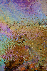 Danger of Gasoline Fuel or Oil Stains Spilled on Concrete Floor Surface. Leaked Oil Petrol Pollution. Concept of Ecological Catastrophe and Environmental Problems.