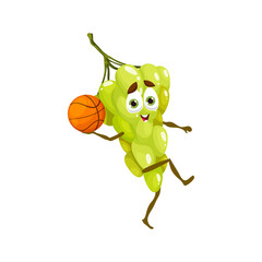 Funny cartoon grape character with basketball ball, vector cartoon fruits food icon. Grape playing basketball ball, kids healthy vitamin food or kindergarten sport team mascot and emoticon personage