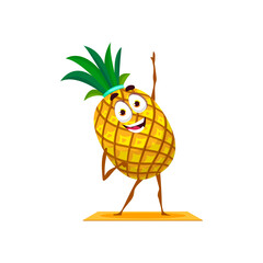Pineapple tropical fruit isolated cartoon character funny emoticon on sport trainings. Vector exotic ananas with bunch of leaves, tropical food dessert. Summer fruit, juicy vegetarian food on pilates