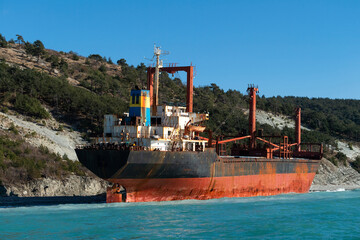 bulk carrier washed ashore by a storm in the Black sea near novorossiysk