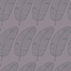 Banana leaves seamless pattern. Gray outline of 
banana leaves on cocoa color background