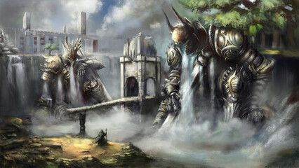 The magician is standing in front of two armored water elementals, water is flowing from them, a castle wall is behind them, Digital painting style, 2D illustration © Kalleeck
