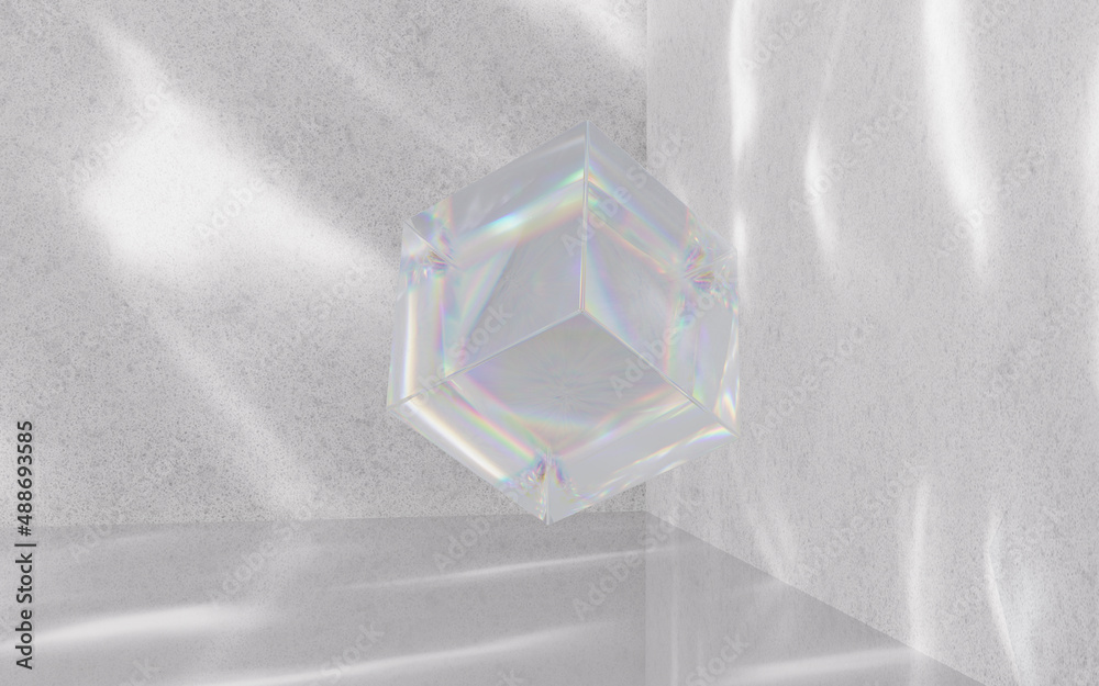 Poster Glass cube with light and shadow background, 3d rendering.