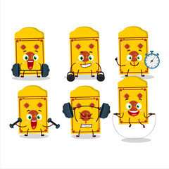 A healthy yellow packets chinese cartoon style trying some tools on Fitness center