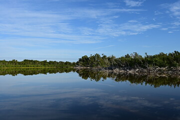 Morning clouds over Eco Pond in Everglades National Park, Florida reflected in pond's tranquil water.