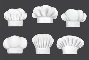Realistic chef hats, cook cap and baker toque, vector mockups. White chef hats of different shapes, restaurant cook and culinary baker uniform or headwear, gourmet theme - obrazy, fototapety, plakaty