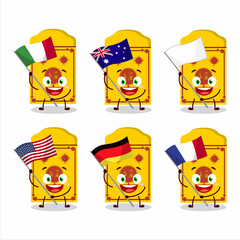Yellow packets chinese cartoon character bring the flags of various countries