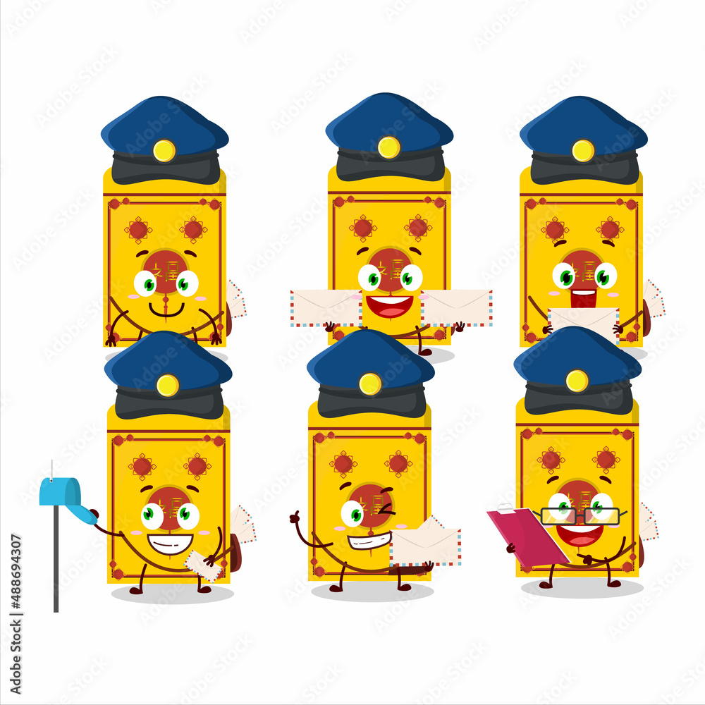 Poster A picture of cheerful yellow packets chinese postman cartoon design concept