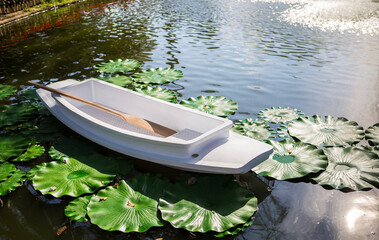 White boat floating on lotus leaf in natural pond, nature background, outdoor day light, garden decoration