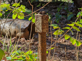 Old large rusty bold and nut at a ghost town