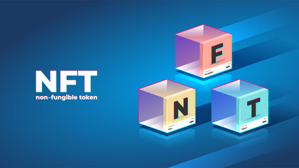 Obraz premium Web banner isometric levitate NFT blocks with glitch effect, on the blue background, retro style.