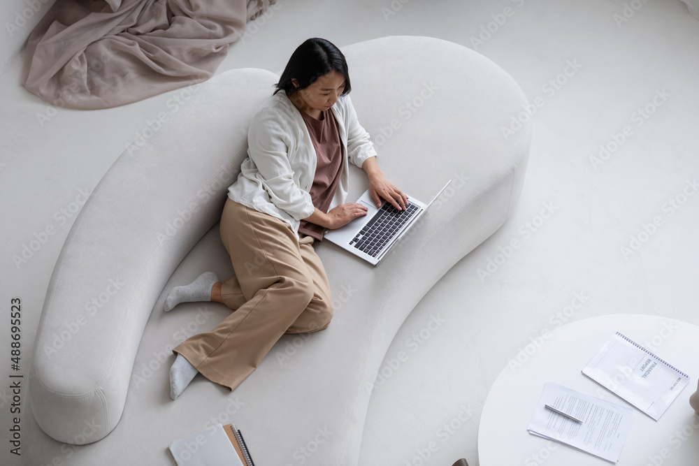 Poster young serious female employee with laptop lying on sofa while networking, shopping online or working