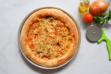 a plate of pizza in white background