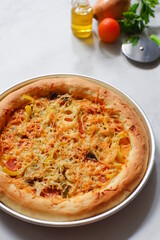 a plate of pizza in white background