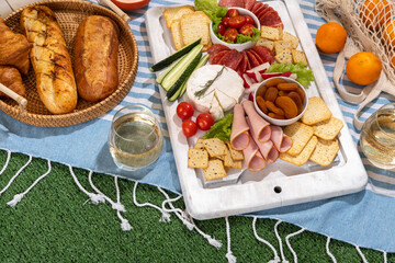 Picnic blanket with charcuterie boards, healthy food and wine in park on the grass on sunny day.
