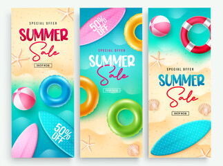 Summer sale vector poster set design. Summer sale text in beach background with discount up to 50% off for tropical season shopping and travel promo offer. Vector illustration.
