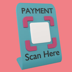 3D Payment QR code Stands side view stylized isolated with pinkpastel background. Editable give qr code at white space.