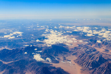 View of the Sinai mountains and desert in Egypt. View from a plane
