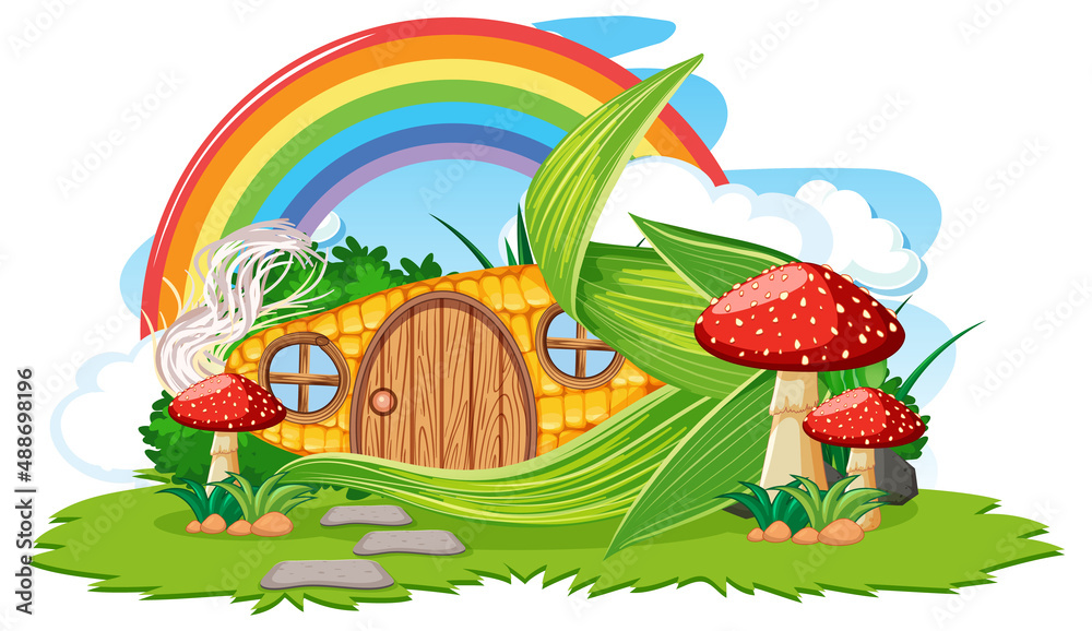 Wall mural fantasy corn house with rainbow in the sky