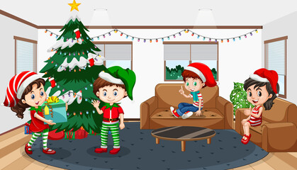 Children celebrating Christmas at home