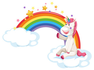 Cartoon unicorn sitting on a cloud with rainbow