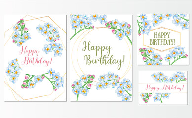 set of birthday card designs with hand painted watercolor illustration of forget me not flowers