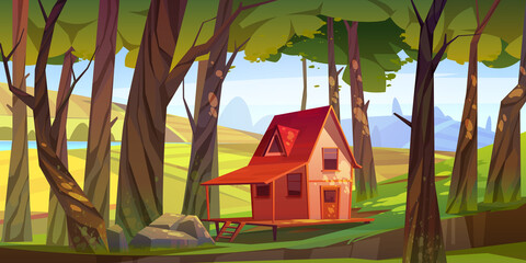 Countryside with wooden house, garden, river and agriculture fields. Vector cartoon illustration of summer landscape with green hills, lake, trees and small cottage in forest