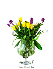 International Women's Day March 8! Flat Lay, banner, greeting card with flowers from March 8.