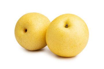 Cutout of two whole Asian golden pear fruits isolated on white background with clipping path.