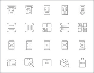 Set of QR code and scan icons line style. It contains such Icons as bar code, label, qr, tag, scanner, pay, digital and other elements.