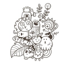 Coloring book antistress with funny creatures. Doodle print with fantasy characters. Line art poster.