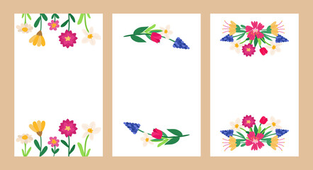 Set of spring postcards with bright colors of peony, muscari, tulip, pansies, snowdrop, chamomile. Colorful design for holidays with a place for text