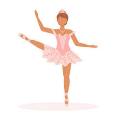 Naklejka premium Ballerina girl dancing in a beautiful tutu dress and pointe shoes. Elegant vector illustration of a performance in pink tones for design or decor.