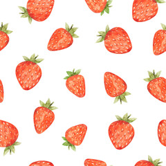 Watercolor seamless pattern with strawberries. Summer hand-drawn texture on white background
