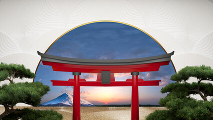 torii gates red with semicircle sky and Mount Fuji on white background. 3d rendering