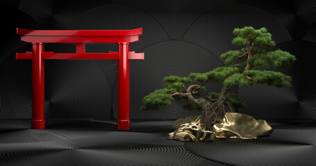 bonsai tree and torii gates red with black background. 3d rendering