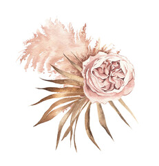 Trendy dried palm leaves, blush pink rose, pale protea,  pampas grass watercolor design wedding bouquet. Trendy flowers. Beige, gold, brown, rust, taupe. Elements are isolated and editable