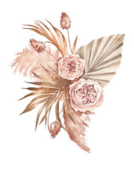 Trendy dried palm leaves, blush pink rose, pale protea,  pampas grass watercolor design wedding bouquet. Trendy flowers. Beige, gold, brown, rust, taupe. Elements are isolated and editable