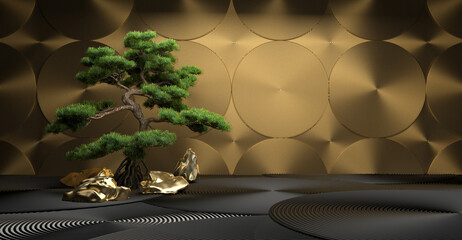 bonsai tree and gold stone with gold background. 3d rendering illustration.