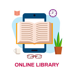 Online library in flat design. The concept of a mobile application for reading. Vector stock illustration. Book on the phone.