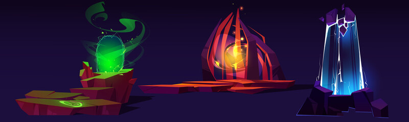 Magic portals, fantasy teleports on alien planet, 2d landscape locations. Game level ui design, flying platforms for jumping, entrance to parallel world with glowing plasma Cartoon vector illustration © klyaksun