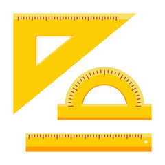 Set of rulers in flat design. Items for school. Tools for measuring length and angles: triangle, transpartier, ruler on an isolated white background. Vector stock illustration